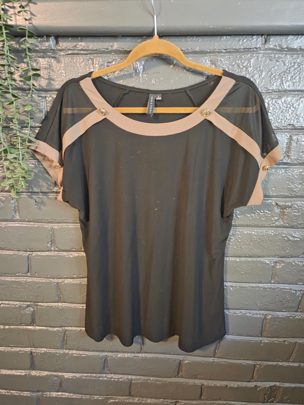 Women's Black Short Sleeve Top with Blush Trim and Button Accents